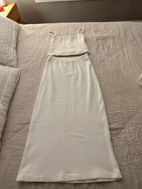Cream Ribbed Knit Maxi Skirt & Tank Set